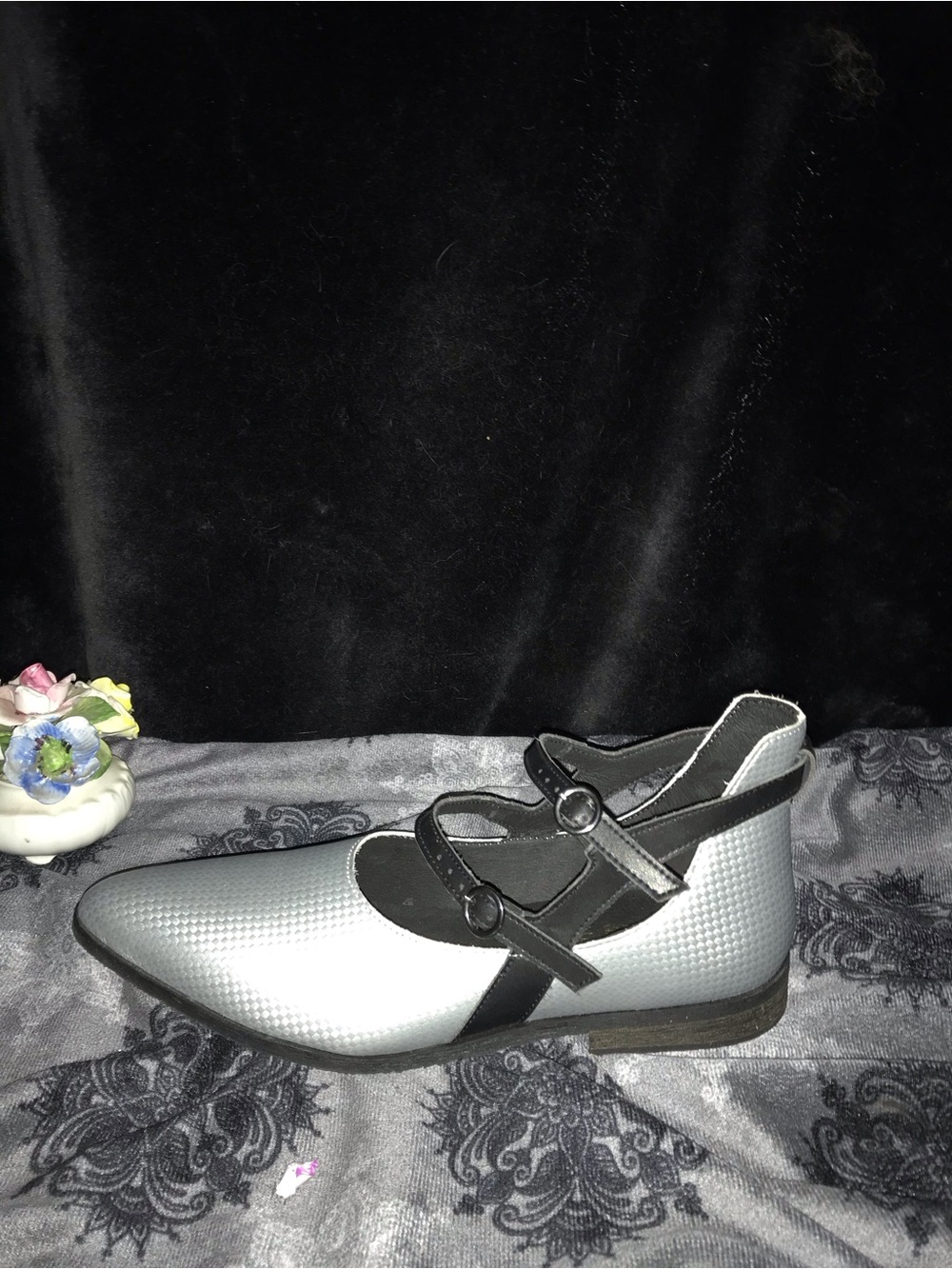 Pointed Silver Mary Jane Flats with Black Cross Straps